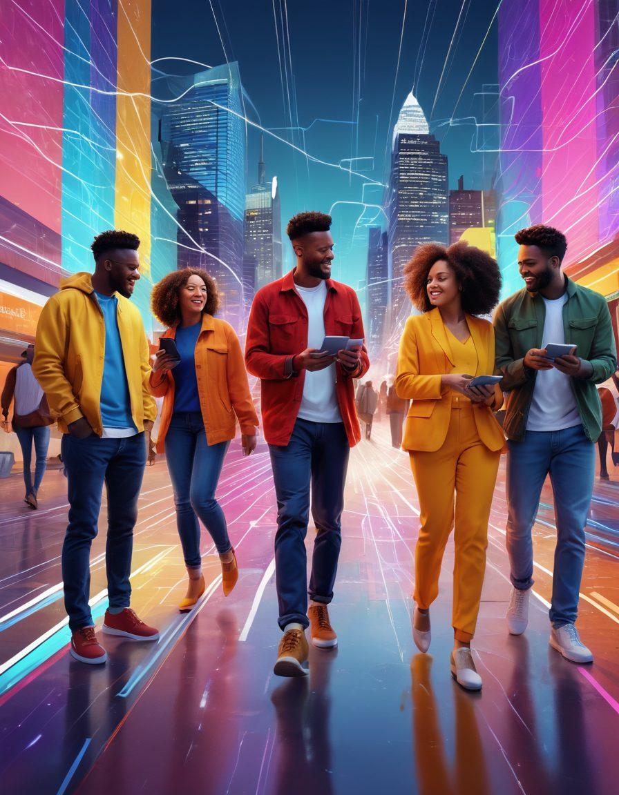An energetic group of diverse individuals interacting in real-time through digital devices, symbolizing community and connection. Bright, flowing lines connect these figures, representing data transmission and interaction. The scene is set in a modern urban environment, showcasing vibrant city life. Emphasize on joy, engagement, and collaboration among the community. super-realistic. vibrant colors. dynamic composition.
