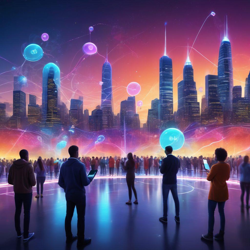 A vibrant digital landscape showcasing a diverse group of people sharing thoughts in real-time using their devices, connected by glowing lines of communication. In the background, colorful bubbles of ideas emerge, symbolizing community engagement and collaboration. Incorporate a futuristic city skyline to represent innovation and connectivity. super-realistic. vibrant colors. 3D.