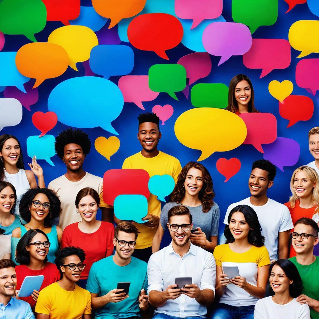 A vibrant social media scene depicting diverse people engaging joyfully on their devices, surrounded by colorful speech bubbles symbolizing microblogging conversations. Include elements of virtual connection, like stylized notifications and hearts, to illustrate meaningful engagement. Bright and lively atmosphere with a sense of community and interaction. super-realistic. vibrant colors. 3D.